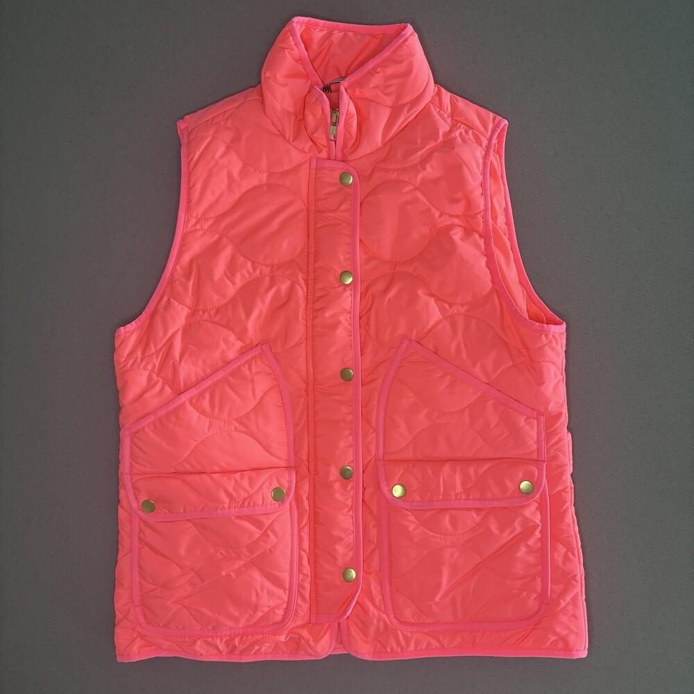 J Crew Factory Quilted Puffer Vest Womens Medium Bright Pink Full Zip Down NEW